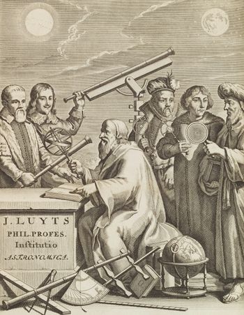 17th-century illustration entitled 'Six Astronomers' by Joseph Mulder. The astronomers shown are Galileo Galilei, Johannes Hevelius, Tycho Brahe, Nicolaus Copernicus, and Claudius Ptolemy, standing around a seated Hipparchus.